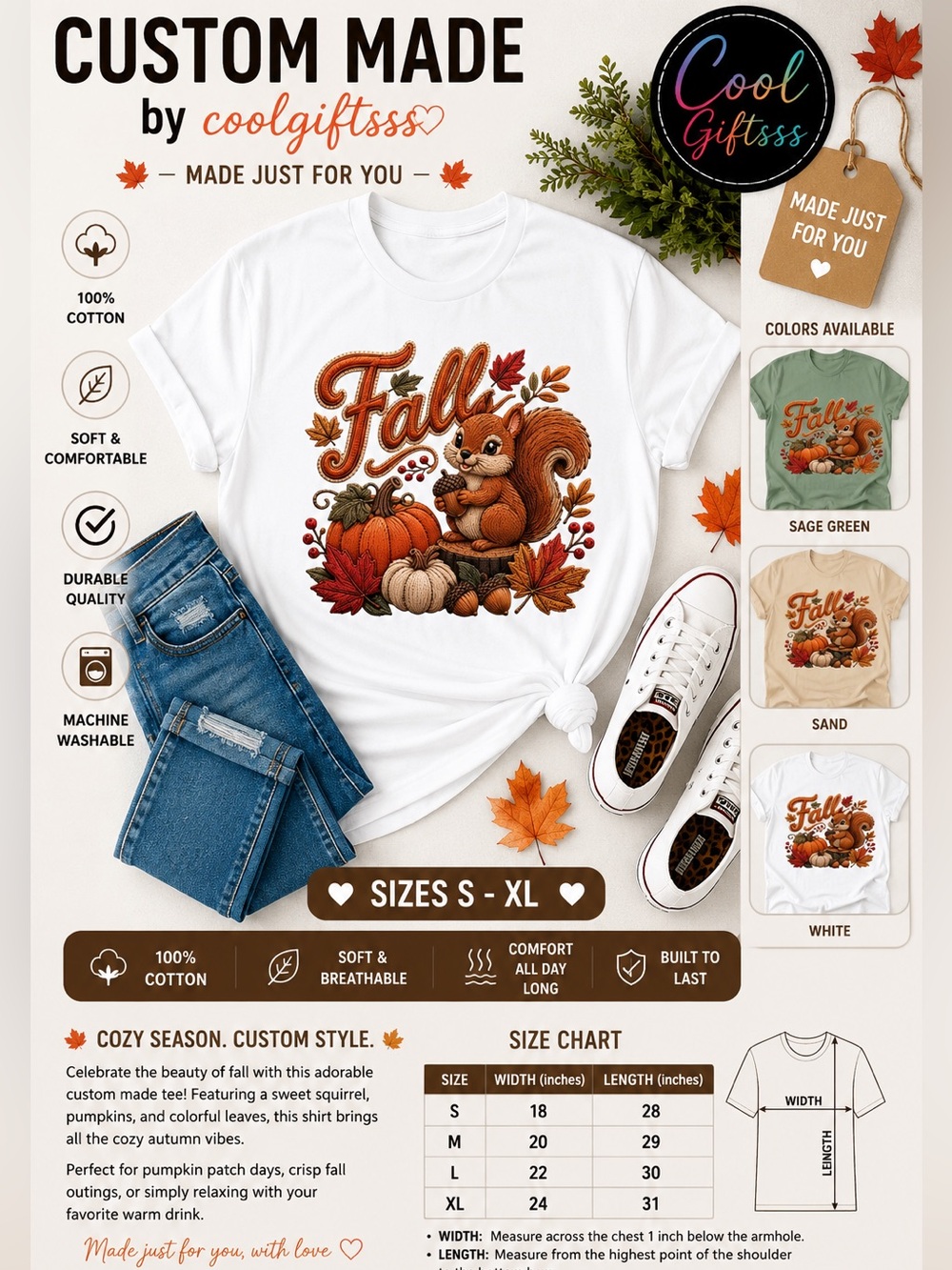 Fall Squirrel Graphic tee S M L XL new custom made  pumpkin leaves cute soft